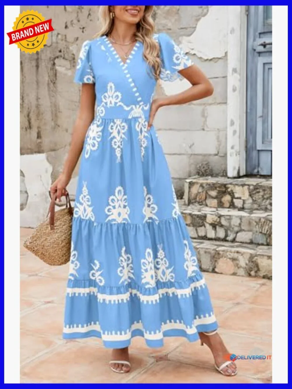Boho Maxi Dress with Pockets Tiered Bell Sleeve - Picture 5 of 7